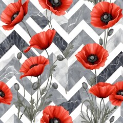 Seamless Pattern of Red Poppies on Marble Chevron Background