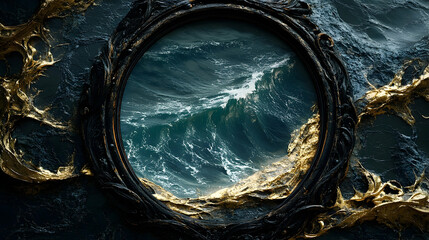 A stormy sea framed by ornate gold and black design.