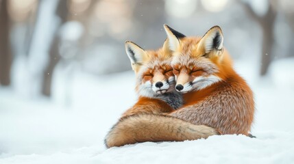 Two red foxes cuddling in the snow.