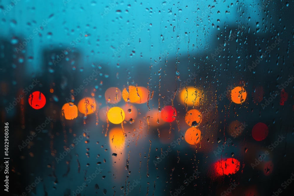 Poster raindrops on foggy window with blurred city lights creating a nostalgic retro atmosphere during a ra