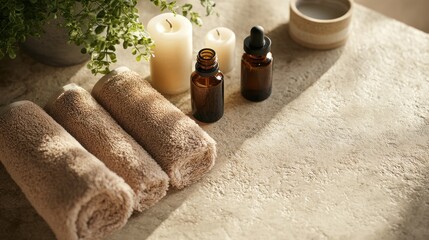 Serene arrangement featuring essential oils, soft towels, and candles for a tranquil beauty and wellness experience amidst natural stone