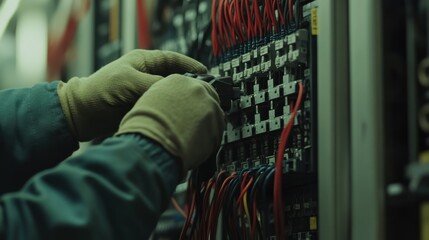 Naklejka premium Electrician connecting circuit wires in a panel. Featuring safety and accuracy