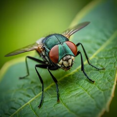 Macro Photography of a Green Bottle Fly on a Leaf