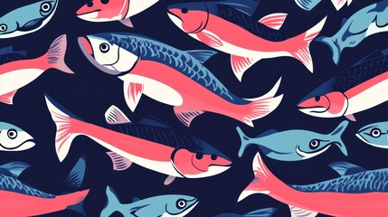 Stylized illustration of fish swimming in a pattern on dark background