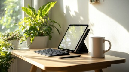Fototapeta premium Luxurious home office setup featuring a tablet and wireless keyboard bathed in natural daylight from a side window