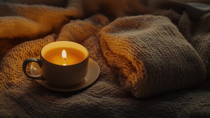 Warm and inviting flat lay of a cozy tea moment featuring a lit candle and a soft wool blanket bathed in gentle light for ultimate relaxation