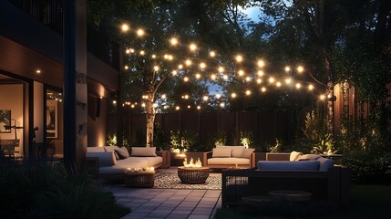 A set of glowing string lights hanging above a cozy outdoor seating area 