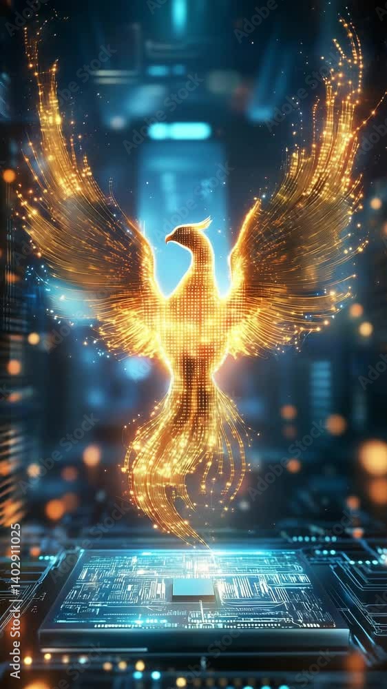 Poster a phoenix bird made of light and data emerges from a circuit board in a high tech environment filled