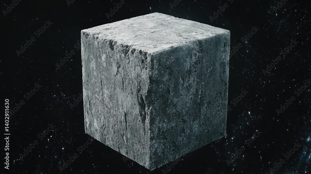 Poster a gray cube floating in space.