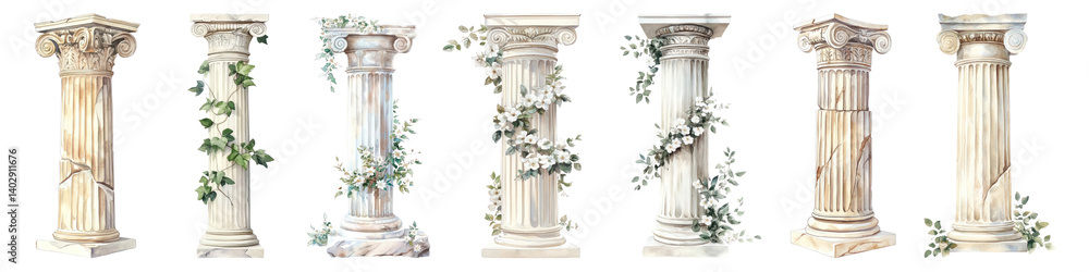 Aufkleber png ancient columns adorned with vines, element set on transparent background