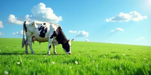 Black outline of cow grazing in green meadow under blue sky, livestock, cows