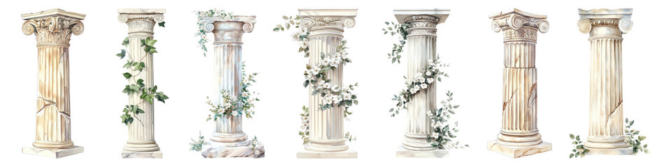 Naklejka premium PNG Ancient columns adorned with vines, element set on transparent background