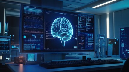 Futuristic medical interface displaying a hyperrealistic glowing AI brain, showcasing dynamic data in a sci-fi hospital environment with blue ambient lighting