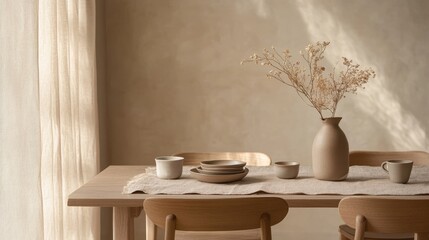 Minimalistic Japandi-style dining experience featuring cozy wooden elements and serene decor contributing to a calming eating atmosphere