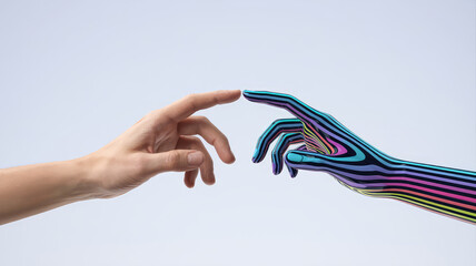 Human and Artificial Touch: A compelling image portraying a human hand reaching out to touch a hand crafted in a futuristic style, evoking themes of connection, technology.