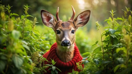 Fototapeta premium A Young Fawn Wearing a Cozy Red Sweater, Partially Hidden Among Lush Green Foliage, Gazes Directly at the Camera with Gentle Eyes