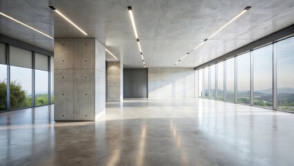 Vast Open-Plan Office Space with Floor-to-Ceiling Windows and Concrete Walls, Offering Abundant Natural Light and Panoramic Views