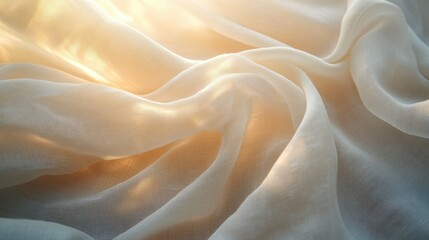 Fototapeta premium Soft linen fabric dances in the gentle breeze, illuminated by warm sunlight, showcasing intricate textures and serene movement