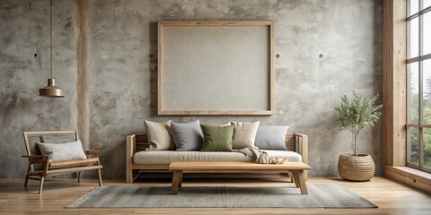 Serene minimalist living room interior design featuring a neutral color palette, natural wood furniture, and a large empty frame on a textured wall