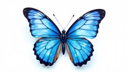 Blue watercolor butterfly on white background, petal, blue