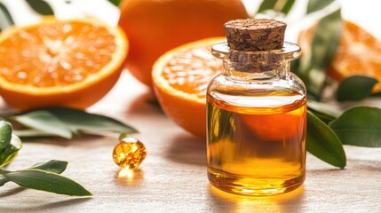 Orange Essential Oil Splashing &ndash; Fresh Citrus Extract Isolated on White Background for Aromatherapy Use