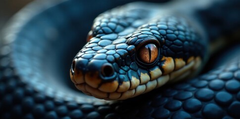 Fototapeta premium Snake's eyes are piercing with vertical pupils, surrounded by scales of dark blue and black, viper, dark color scheme, blue serpent