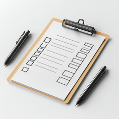 Clipboard with Checklist, Blank Form and Two Pens on White Surface. Business Survey and Planning Concept