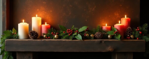 Rustic wooden mantel decorated with candles, pinecones, and holly for a cozy Christmas atmosphere, rustic decor, candles, christmas