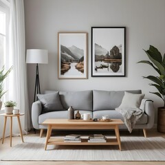 Cozy Living Room with Mountain Landscape Prints