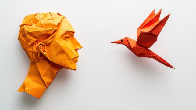 Artistic origami representation of a human head and a bird demonstrating creativity and craftsmanship in modern art