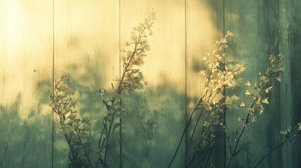Delicate floral stems and sunlight against a rustic wooden surface