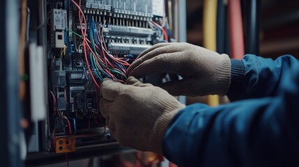 Electrician repairing wiring in a basement. Featuring expertise and problem-solving