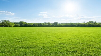 Obraz premium A field of green grass with trees in the background.