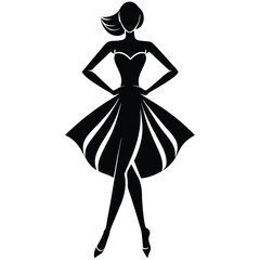 Silhouette Of An Elegant Woman In A Dress With Hands On Waist.