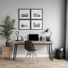 Modern Home Office Workspace with Black and Wood Desk