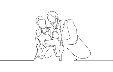 Continuous one line drawing company founders discussing innovation ideas, Single continuous line drawing of two young male and female startup founders.