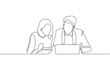 Continuous one line drawing company founders discussing innovation ideas, Single continuous line drawing of two young male and female startup founders.