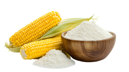 Fresh Sweet Corn and Corn Starch in Wooden Bowl - Organic Food Ingredient Concept