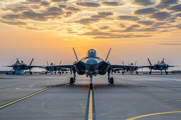 A row of sleek fighter jets parked on an airfield, ready for deployment.