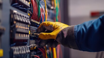 Electrician securing wires inside a control panel. Featuring precision and safety