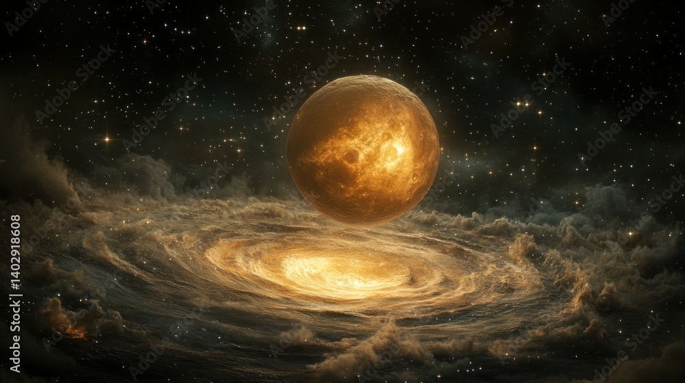 Poster a luminous celestial body hovering over a cosmic whirlpool display