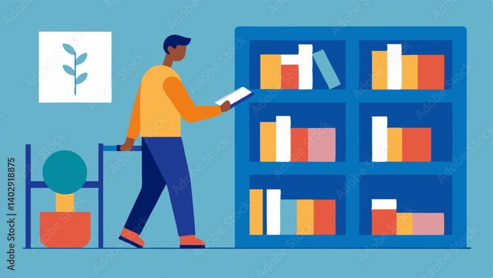Poster library resources an illustration of an adult browsing through a library filled with books and acces
