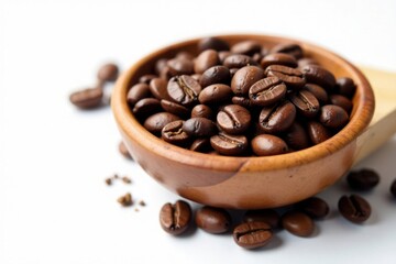 Fototapeta premium Coffee beans in wooden cup on white background, food, table