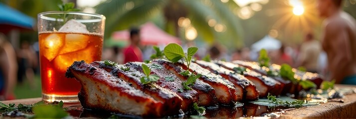 Delicious grilled ribs and refreshing cocktail at outdoor summer bbq celebration