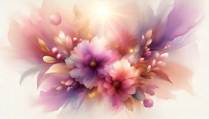 Fototapeta premium Soft watercolor floral design with pink and purple flowers and glowing light