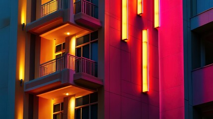 Evening view of a modern building with colorful illuminated lights
