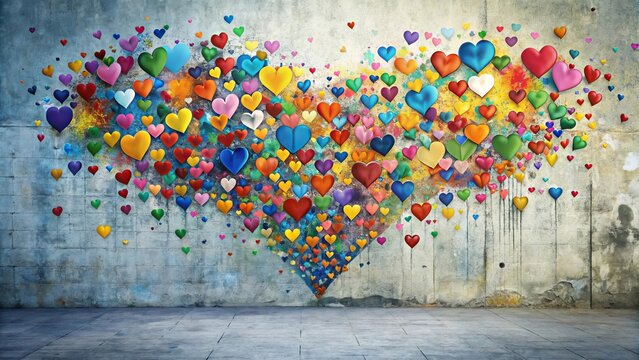 A vibrant cascade of colorful hearts adorns a textured wall, creating a stunning visual representation of love and affection.