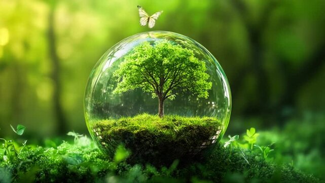 A serene display of a green tree nestled in a clear dome surrounded by grass and small plants. A butterfly dances above, capturing the essence of nature's beauty and harmony