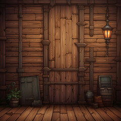 Rustic Wooden Interior with Closed Door and Lantern Warm Light a Texture Rich Wall and Floor Perfect for a Vintage Themed Background with Pixel Art Style