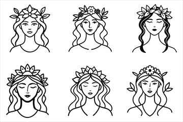 Fashionable woman face vector illustration set with diverse hairstyles and beauty icons